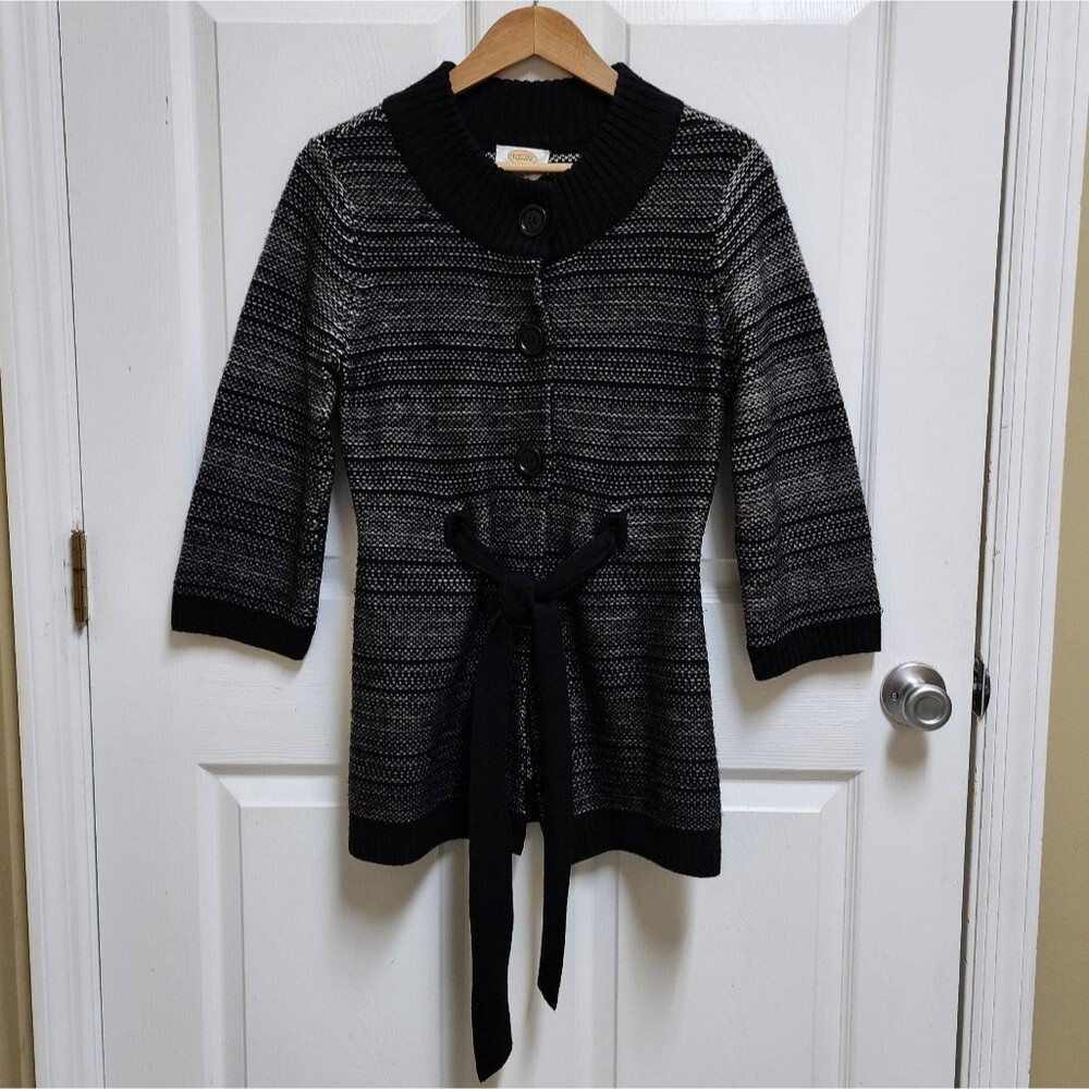 Talbots Sweater Womens PM Black Striped Merino Wool Knit Cardigan Button Belted